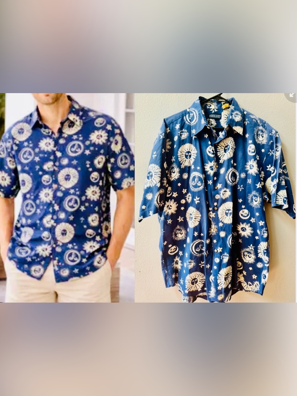 VTG. LANDS END 100% COTTON CELESTIAL SUN MOON SHORT SLEEVE SHIRTMENS L